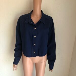Zara Navy Blue High-Low Cropped Jacket Shirt Women’s Size M Snap Button-Fly
